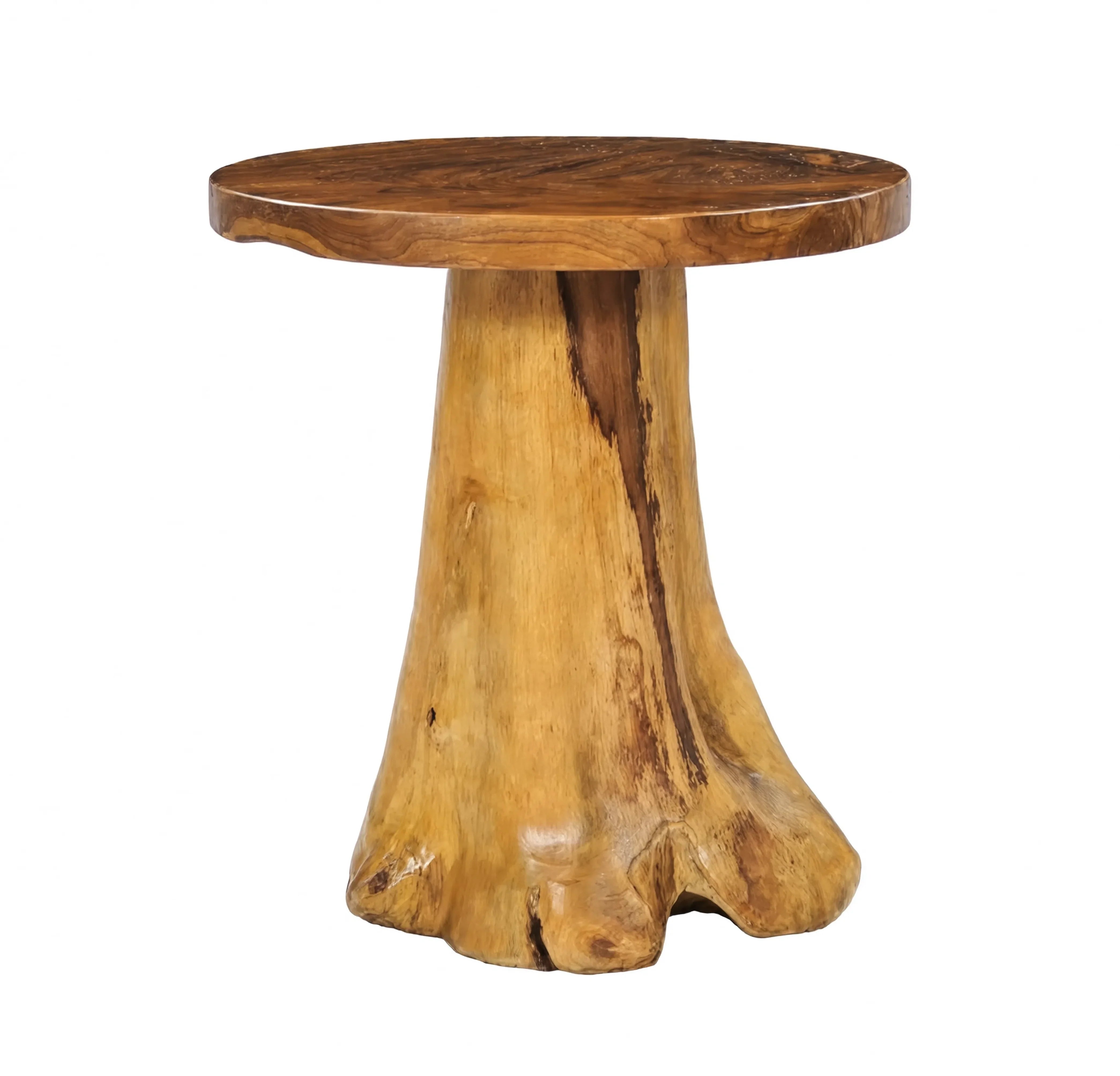 Table basse ronde en teck massif avec pied taillé dans une racine