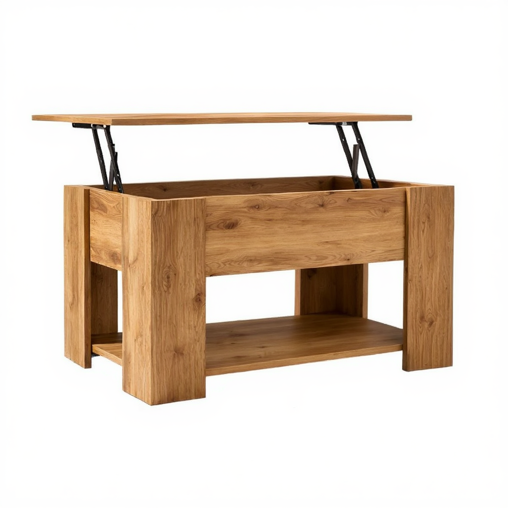 Table basse en bois à plateau relevable en position haute devant un canapé