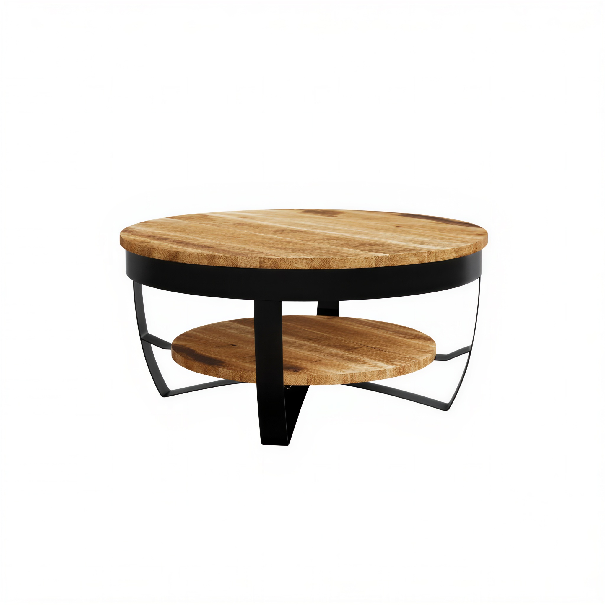Table basse ronde en bois et métal noir avec double plateau