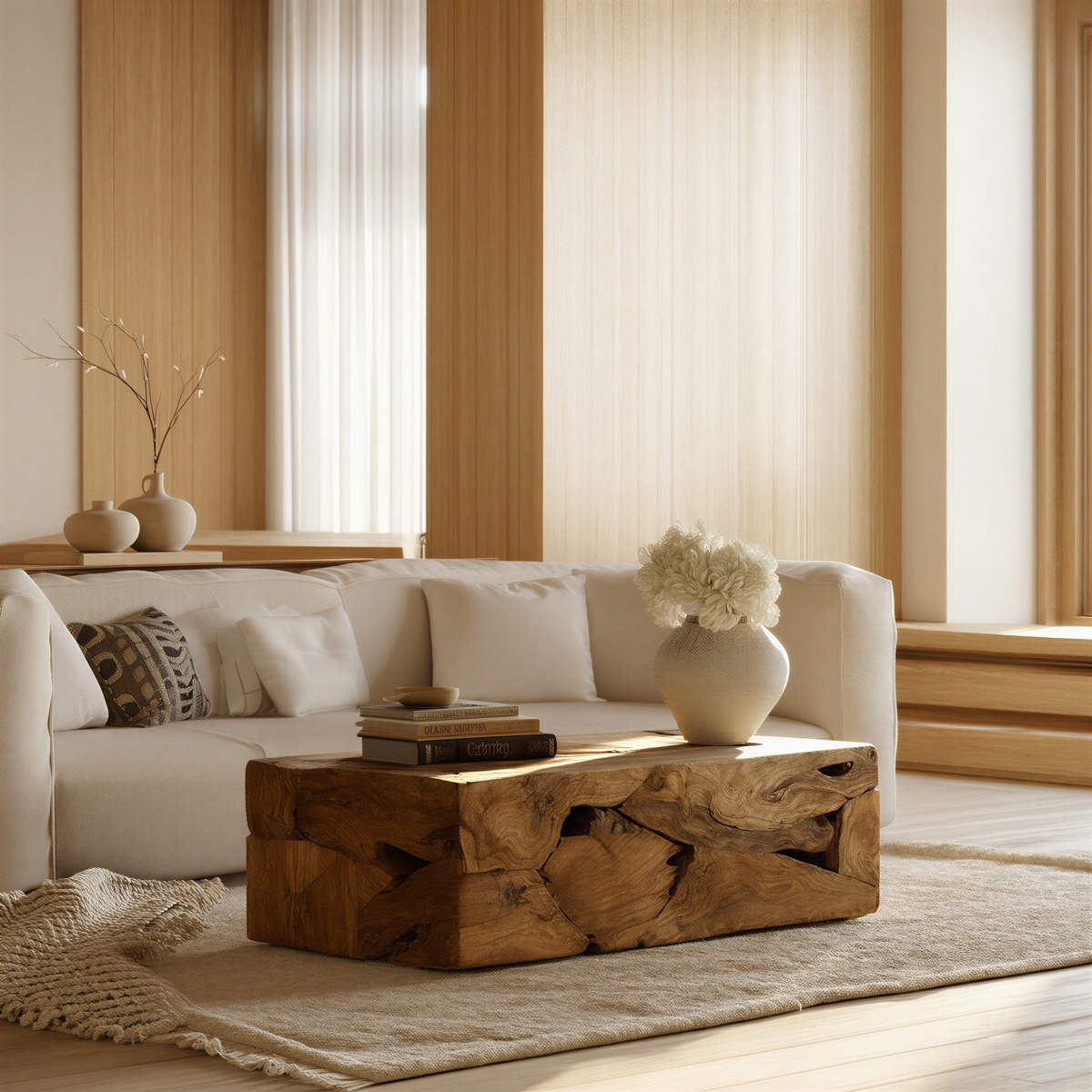 Table basse en bois avec rangement dans un salon