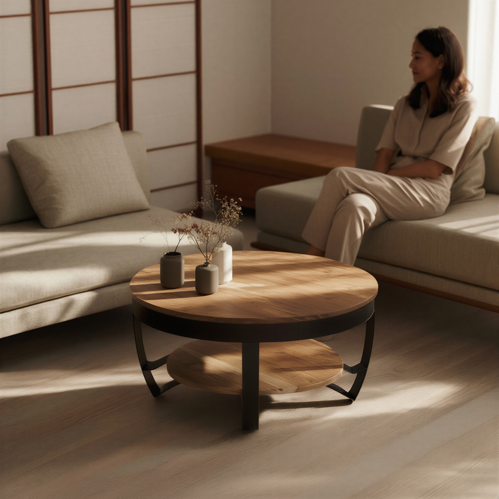 Table basse en bois et métal dans un intérieur contemporain