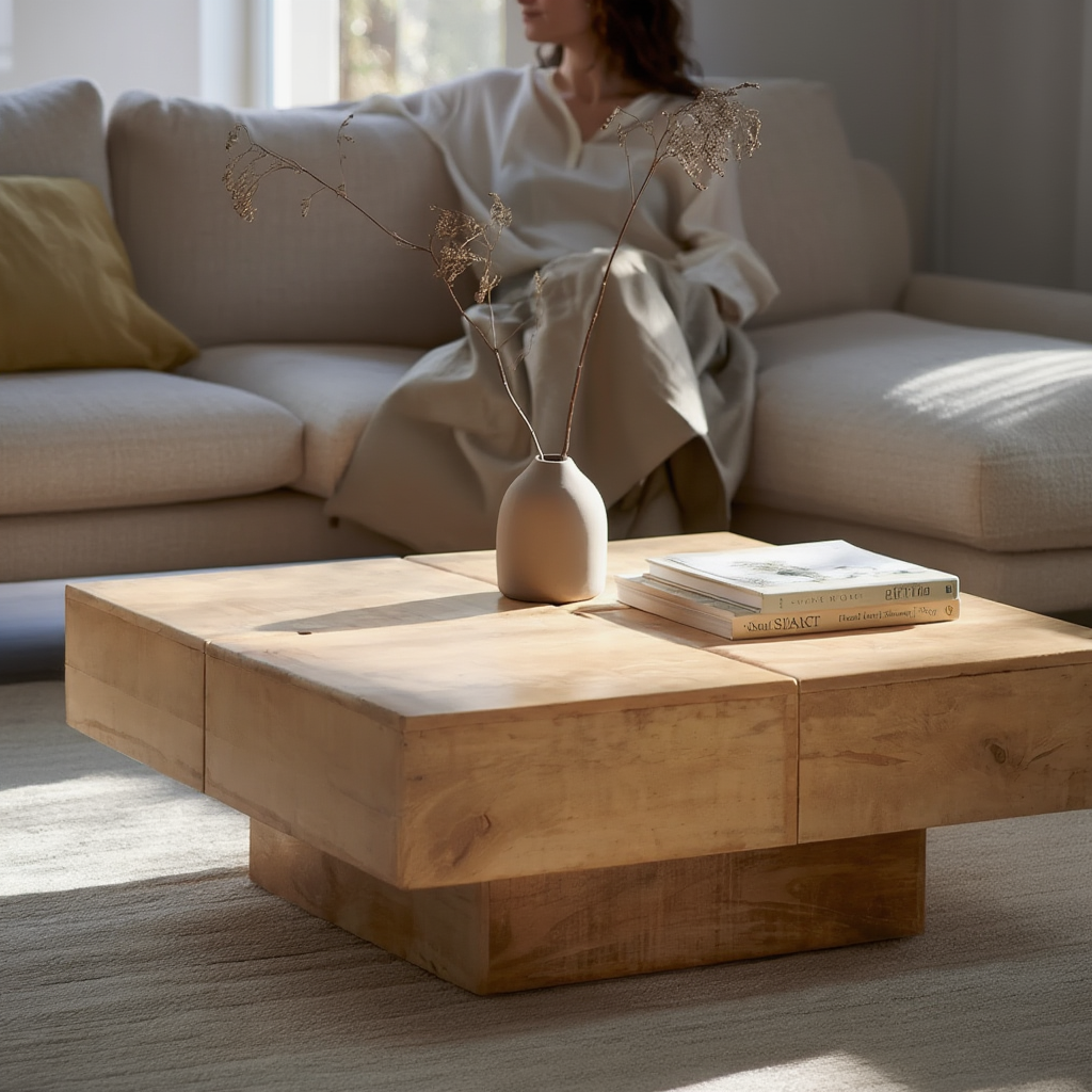 Plateau en bois massif d'une table basse vu de près